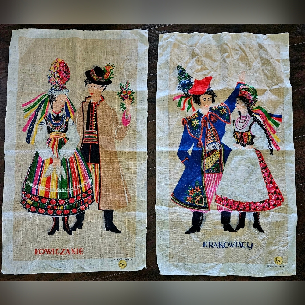 Vtg Linen Polish Folk Art Pieces of Couples Wearing Traditional Clothing